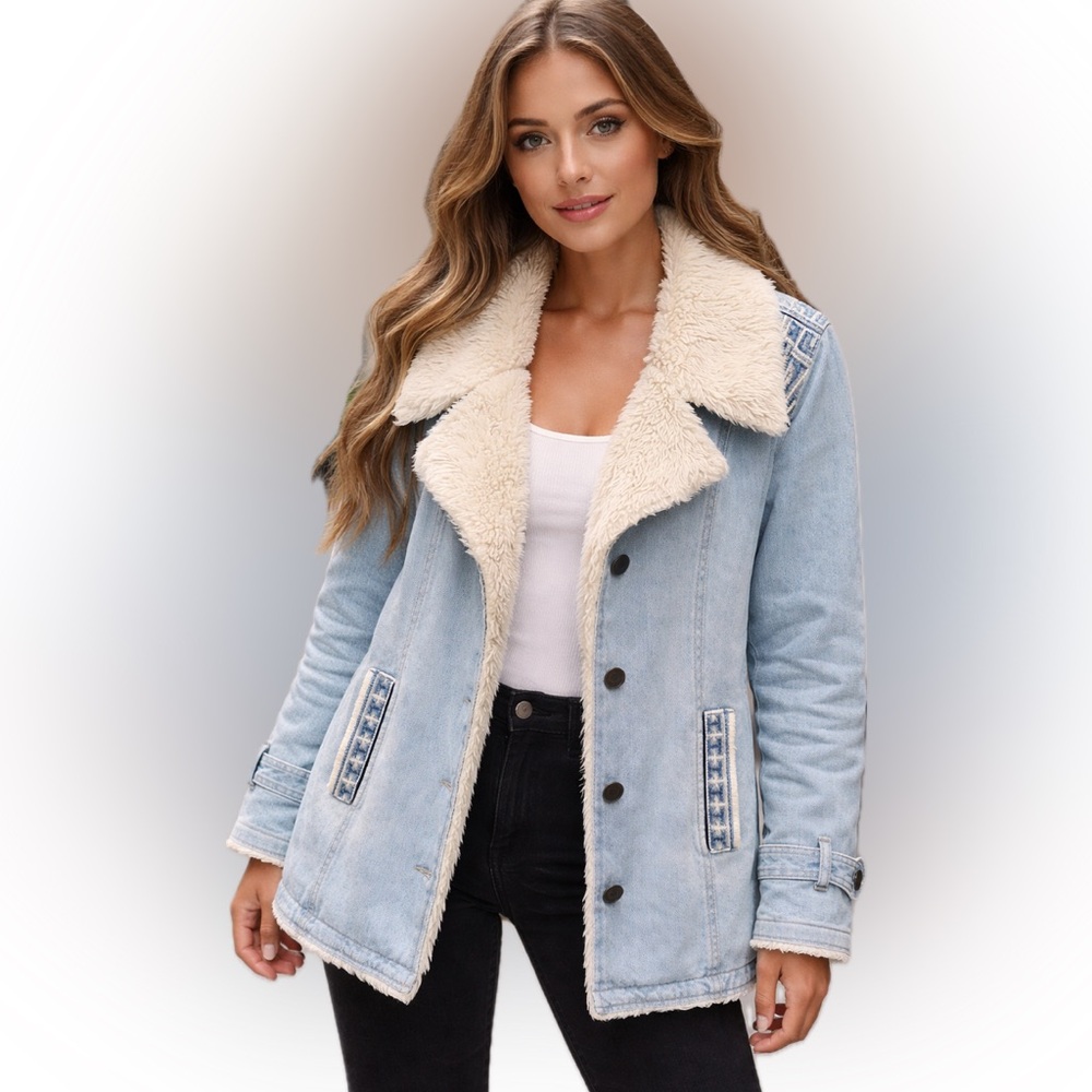 RARE! Free People Embroidered Shearling Denim Coat